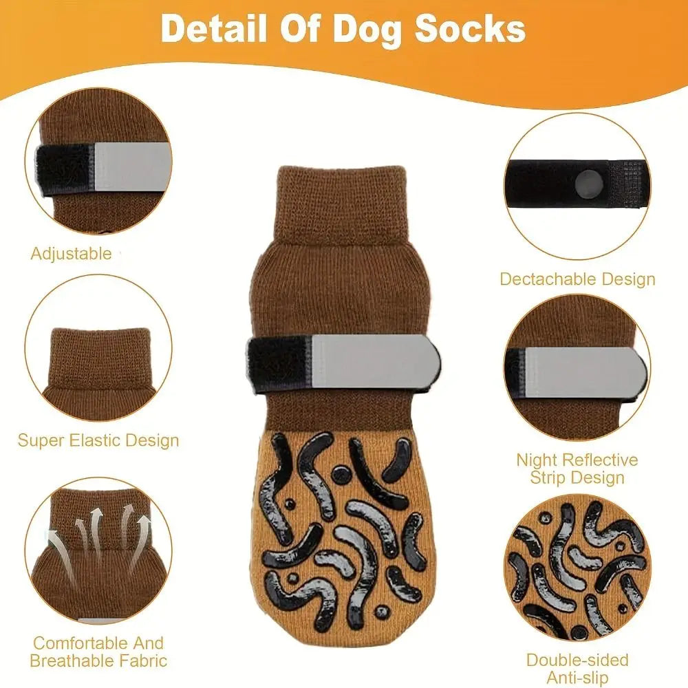 Detail of brown dog socks showing features like adjustable design, detachable design, and night reflective striping.