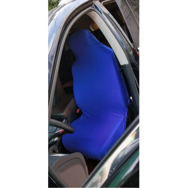 Blue breathable stretch car seat covers installed on a front car seat.