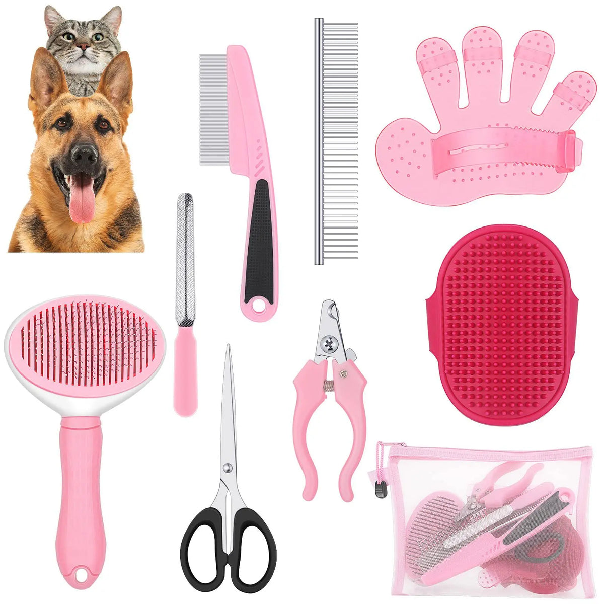 Rosa Haustier-Grooming-Set mit Bürste, Nagelscherer und rosa Gummi-Pfotenpad