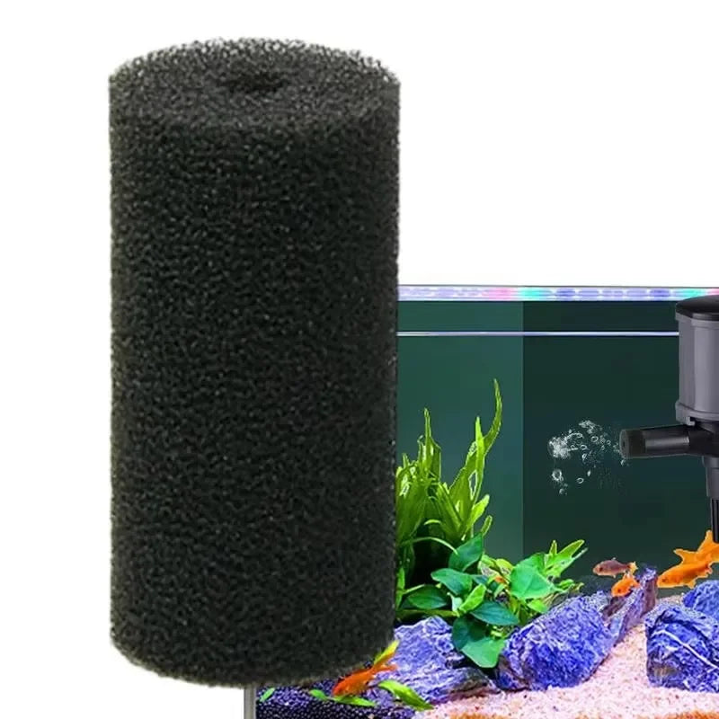 A cylindrical black sponge pre-filter for an aquarium intake, shown next to various aquatic plants and substrate.