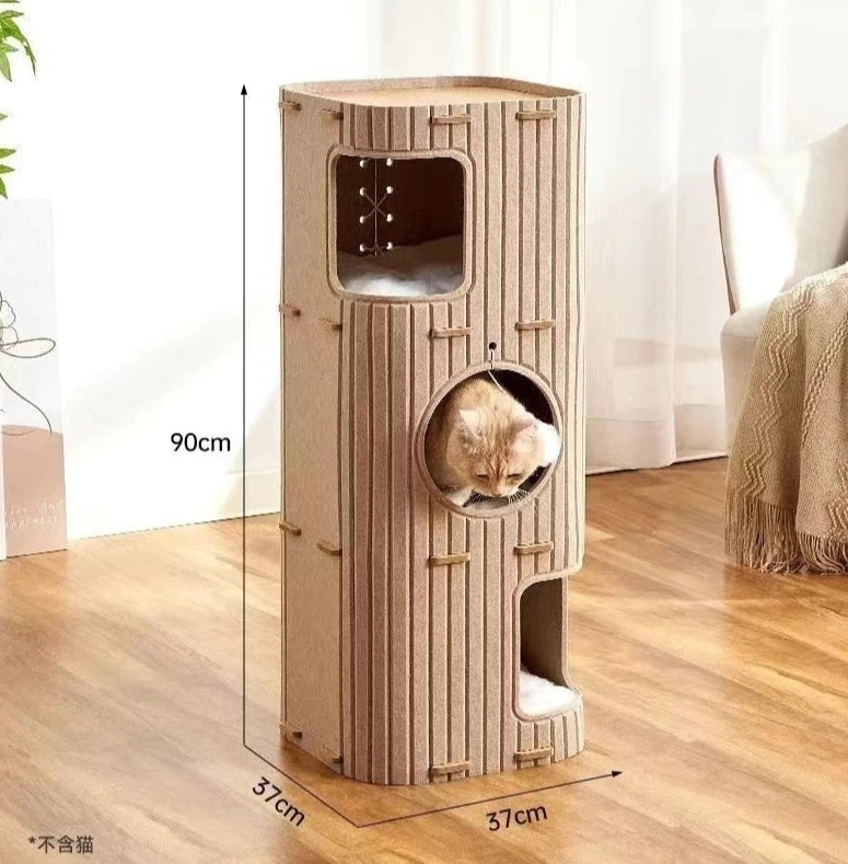 A tall, cylindrical cat house made of light beige wood or material with vertical slats and an oval entrance.