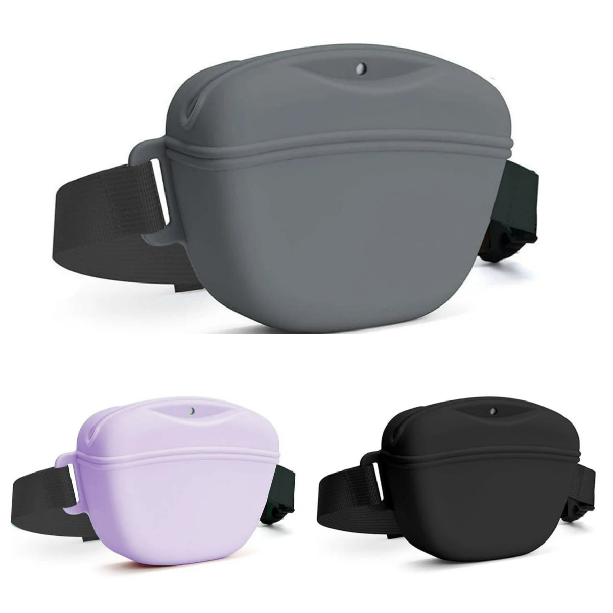 A silicone dog treat pouch in gray and purple with a magnetic closure and waist belt.