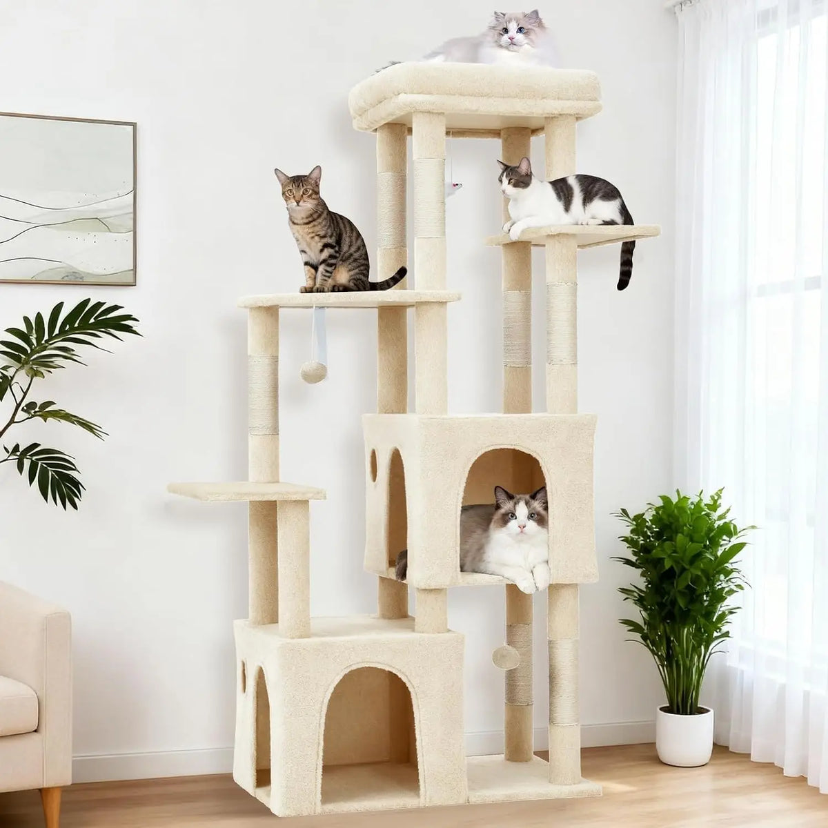 A light beige cat tree tower with multiple levels, scratching posts, and cozy condos for cats.