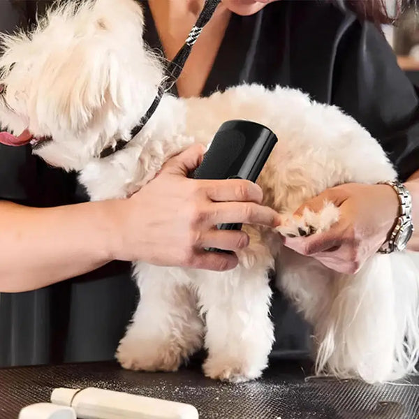 A person is using an ergonomic pet deshedding brush on a white dog.