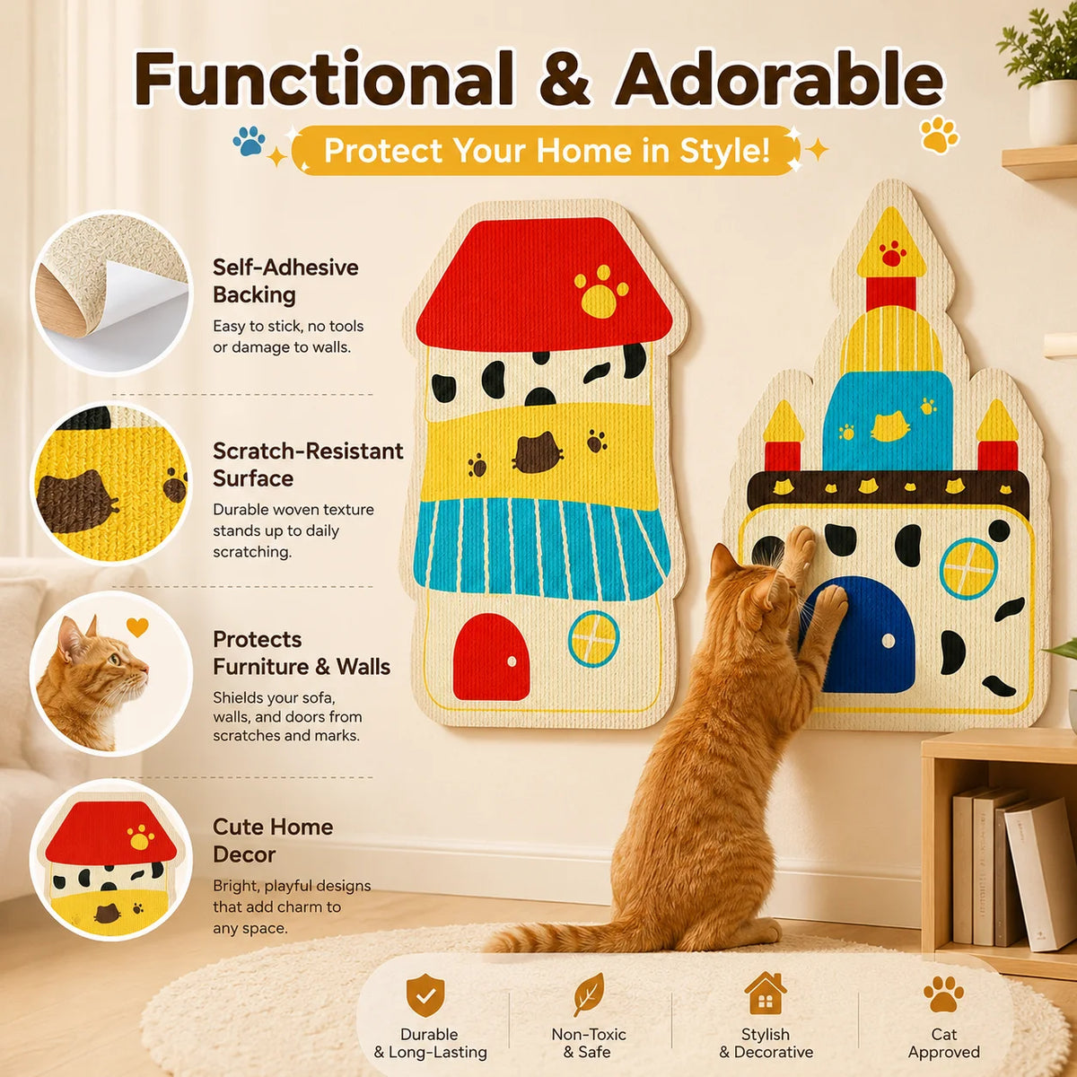 A felt cat scratch board with a cat design is mounted on a wall, demonstrating its function to protect furniture.