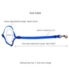 Diagram showing the adjustable range of a collar and pull strap on a blue dog safety belt.