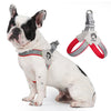 A white and black bully breed dog wearing a reflective mesh pet harness for walking.