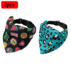 A pair of printed pet collars with matching bandanas for small dogs and cats, featuring a black and neon pattern and a blue l