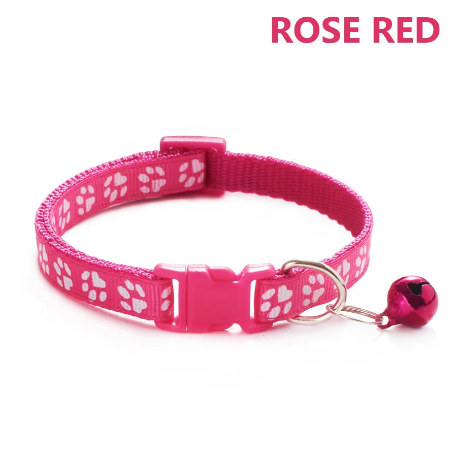 A bright pink pet collar with a patterned strap and a small silver bell attached.