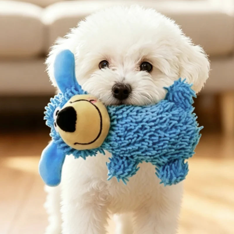 A white fluffy dog is holding a blue squeaky plush toy with a yellow face.