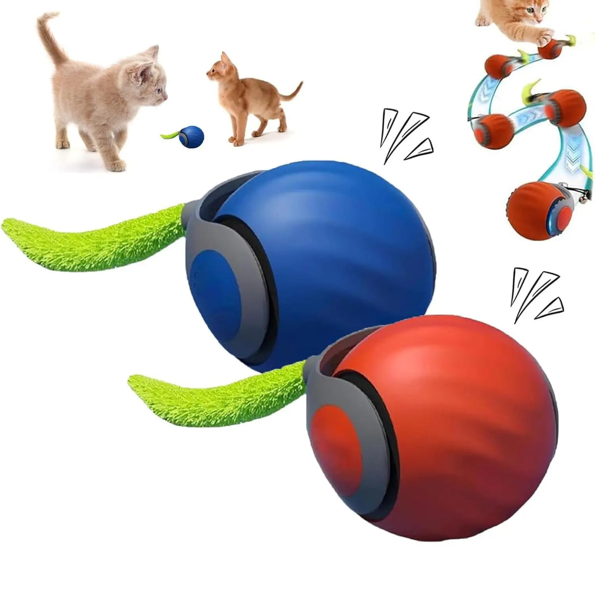 Set interaktive Katzenspielzeuge mit blauer Kugel, roter Kugel und Spielzeug mit grünen Borsten.