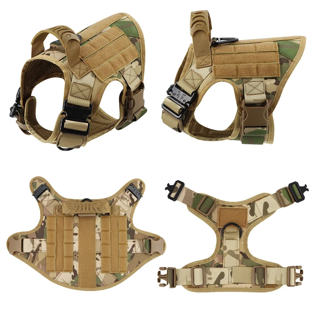 Tactical dog harness with a camouflage pattern and molli system for leash attachments