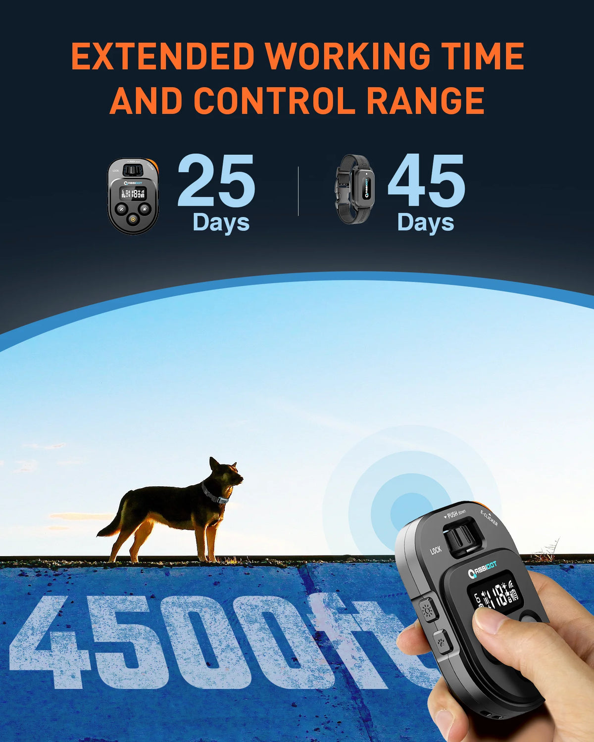 A hand holds a black remote dog training collar with an e-clicker, set against a blue background.