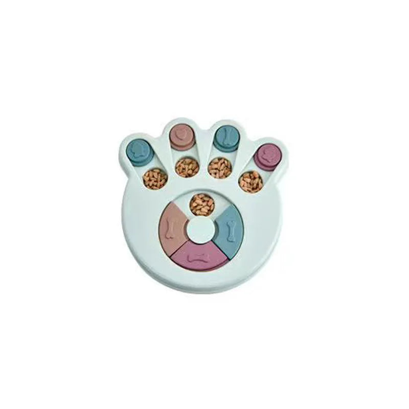 Jouet distributeur de puzzle bleu clair pour chiens et chats avec divers compartiments colorés.