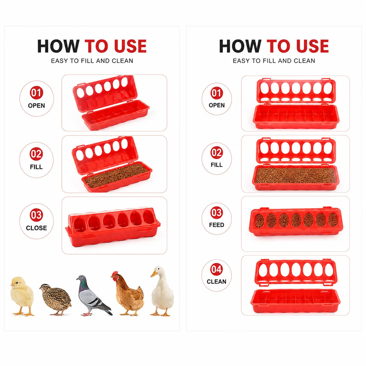 Instructions showing how to use a red double-sided 12-hole poultry feeder for filling and cleaning