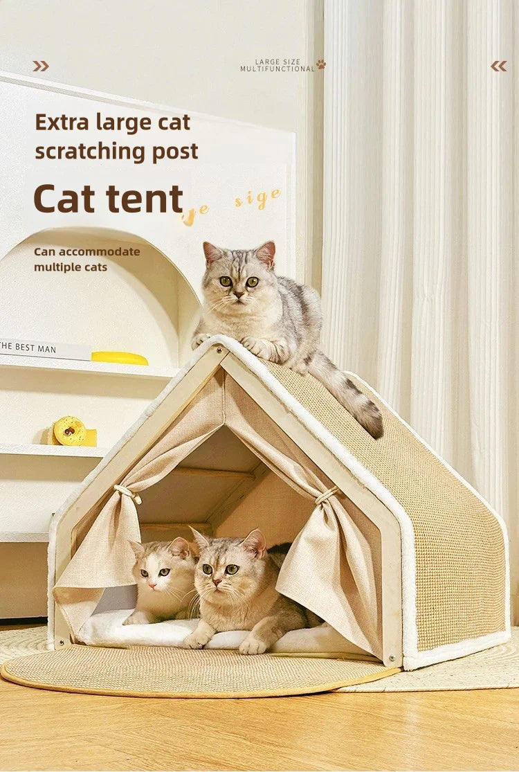 A light beige wooden cat tent with a semi-enclosed bed and scratching post, featuring two cats inside.