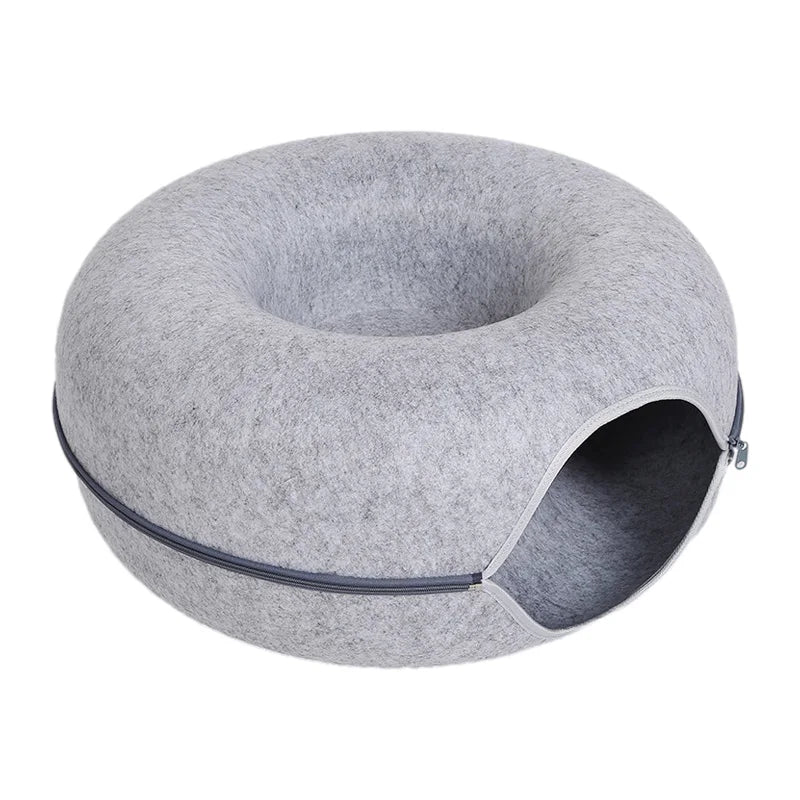 Lit pour chats en forme de donut, gris et convertible, pour deux.