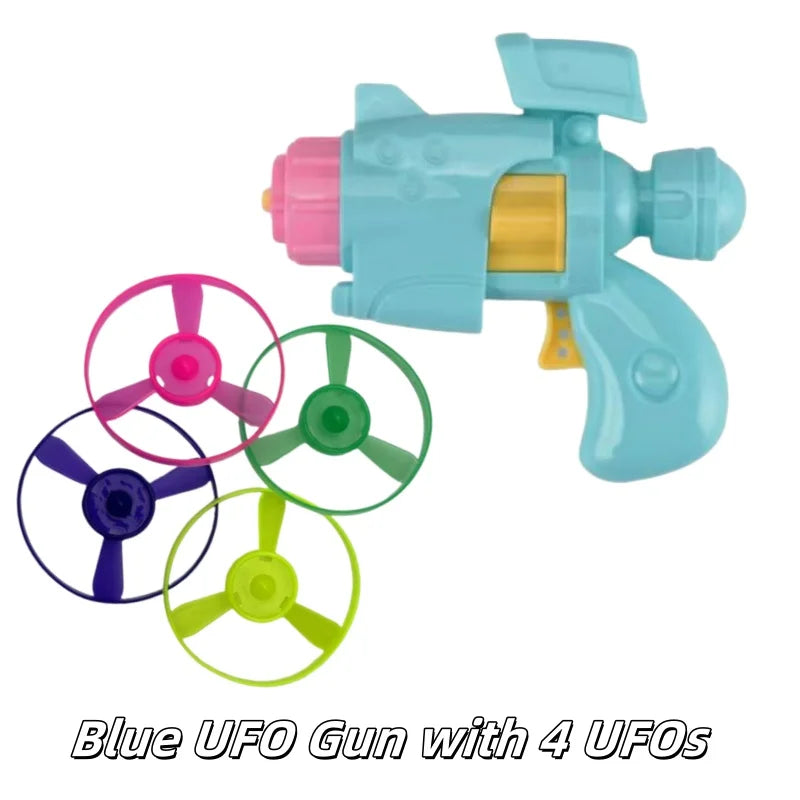 Blue UFO gun toy with four replacement UFO discs.