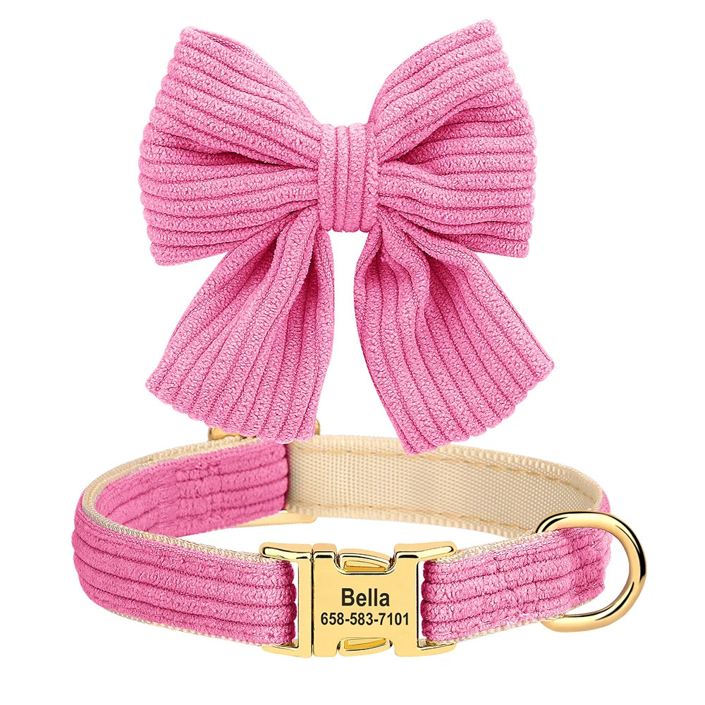 Pink velvet dog collar with a large bow knot and gold buckle.