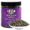 A jar of Crazycats Catnip with a bowl full of dried catnip leaves.