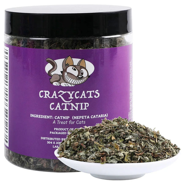 A jar of Crazycats Catnip with a bowl full of dried catnip leaves.