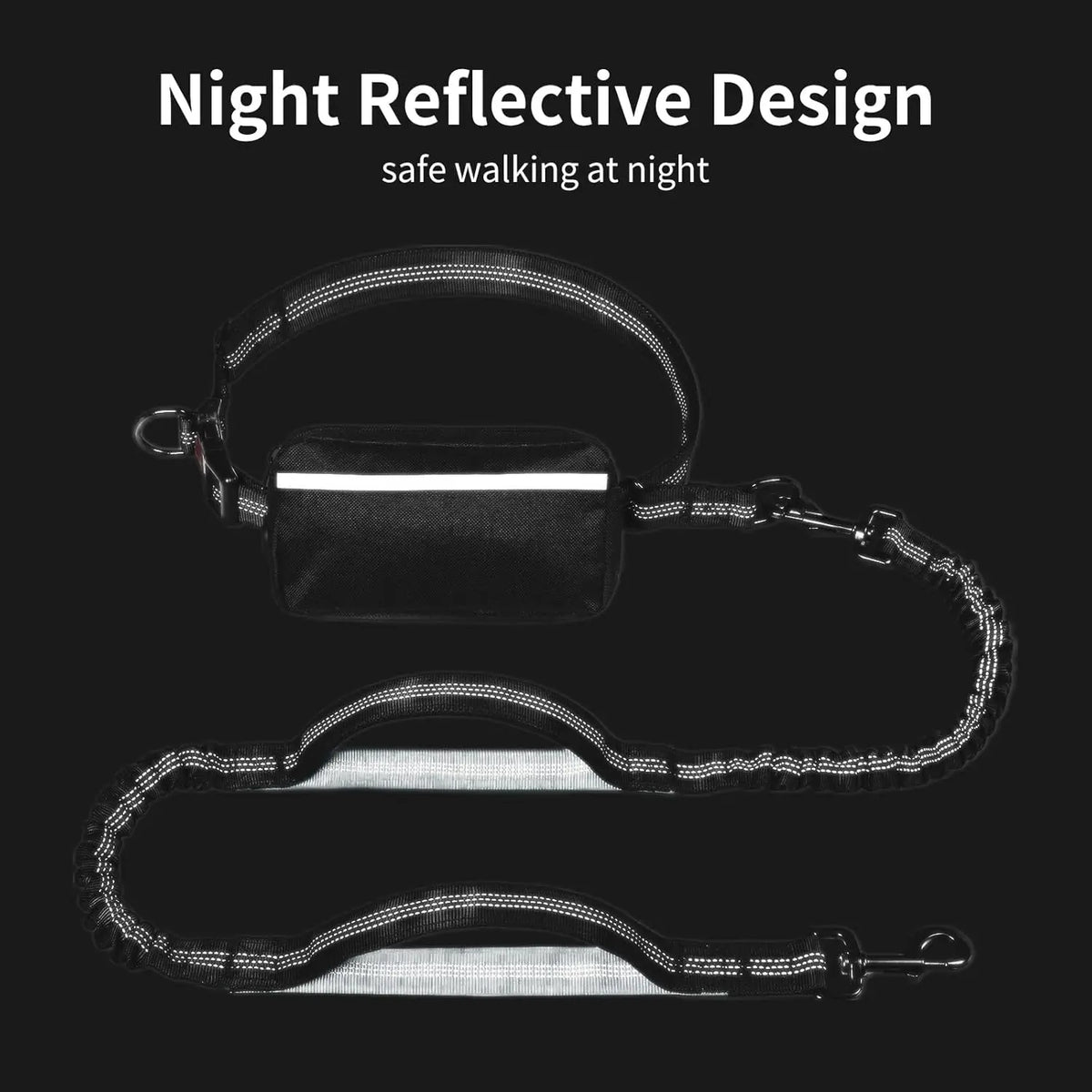 A black night reflective design retractable leash for dogs shown against a dark background.