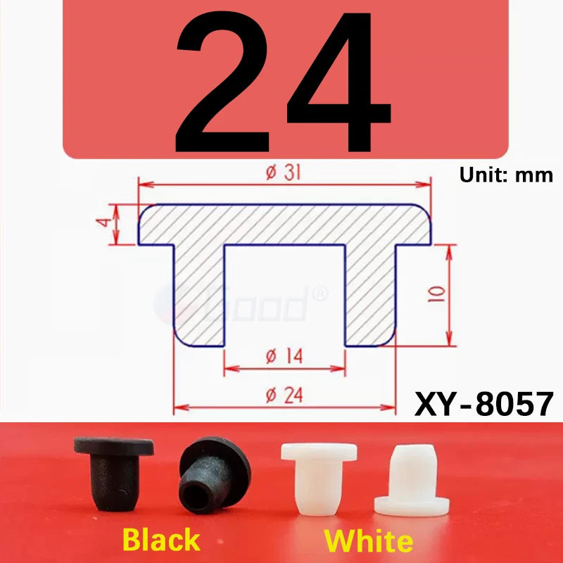 Black and white silicone rubber hole plugs shown next to the number 24 for dimension reference