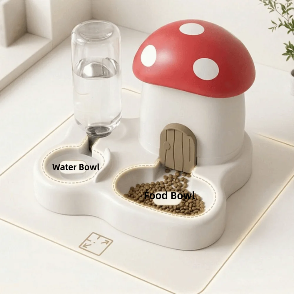A white 2-in-1 mushroom cat feeder and water dispenser with a red cap and food bowl.