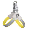 A gray reflective mesh pet harness for dog and cat walking with yellow straps.