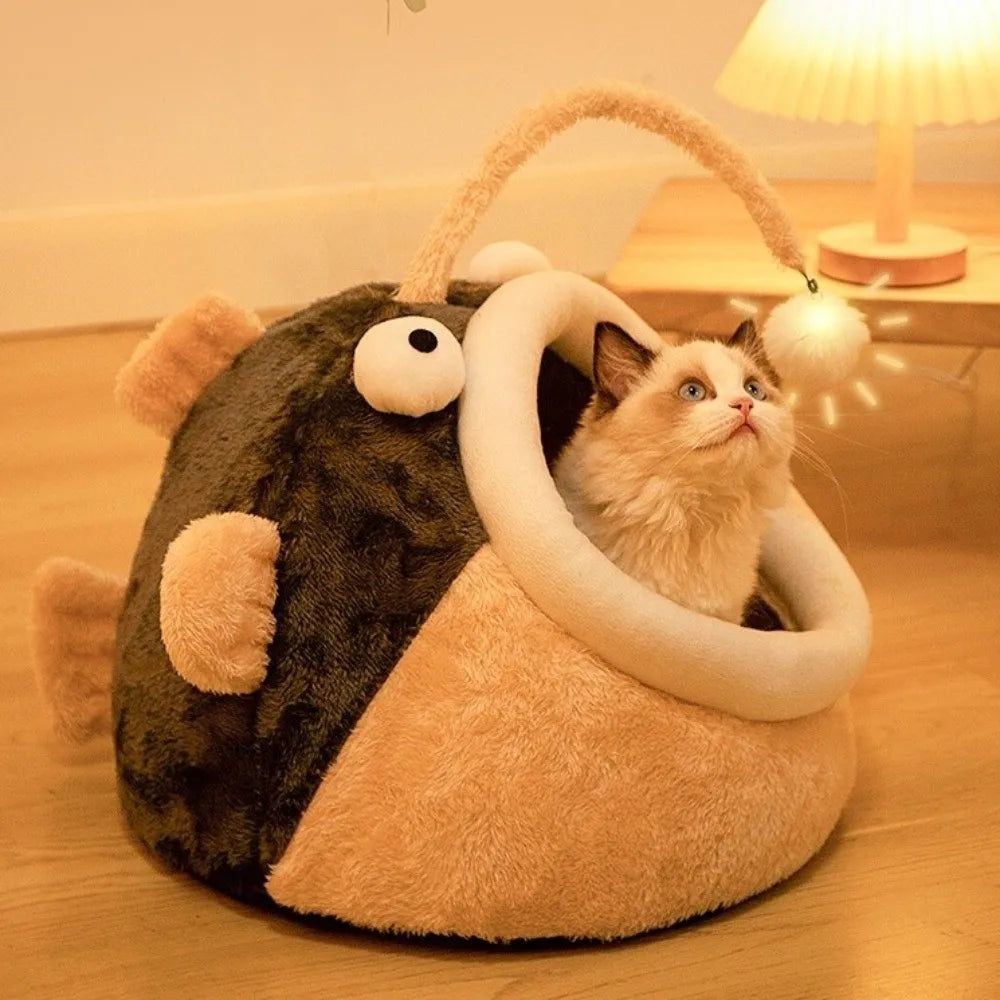 Cozy Cave Cat Bed with Lantern Fish Design