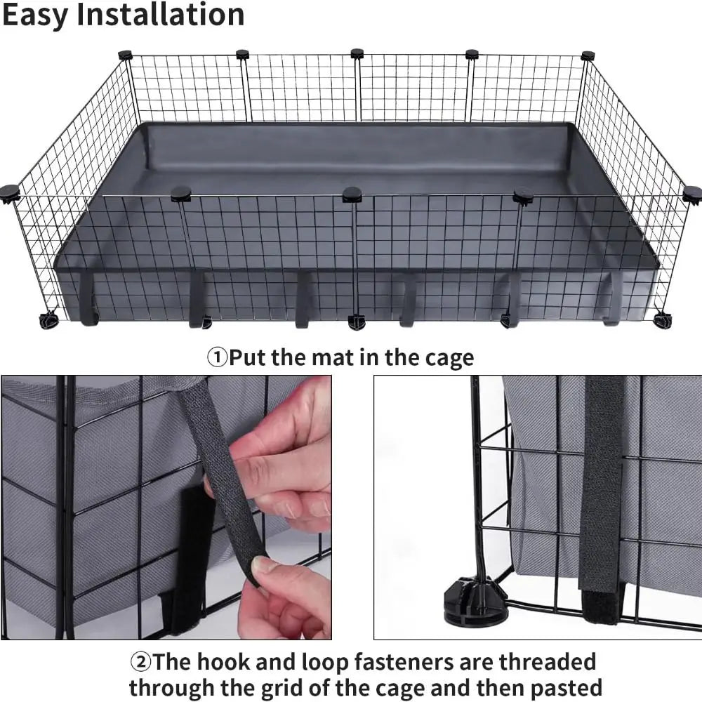 Installation facile d'un tapis de fond de habitat en maille noire dans une cage à l'aide de fixations à velcro