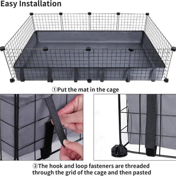 Einfache Installation einer schwarzen Netz-Habitat-Liner-Matte in einem Käfig mit Hook-and-Loop-Schnallen