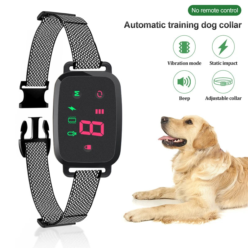 Black automatic training dog collar with a strap, showing vibration mode, static impact, beep, and adjustable collar features