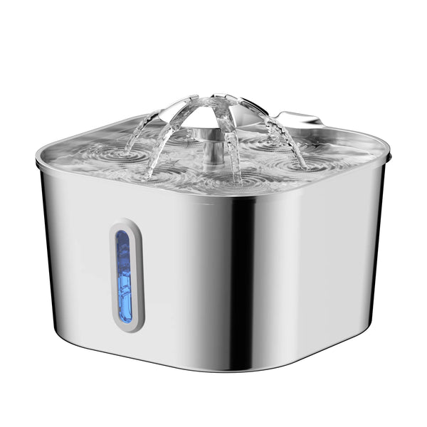A stainless steel automatic cat fountain with water flowing from the top.