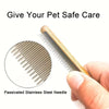 A hand holds a wooden pet pin brush with a passivated stainless steel needle, used for safe pet care.