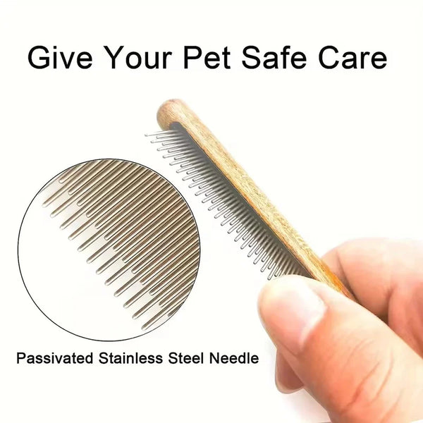 A hand holds a wooden pet pin brush with a passivated stainless steel needle, used for safe pet care.