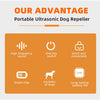 An infographic showing features of a portable ultrasonic dog repeller including high frequency sound, one key switch, smart c