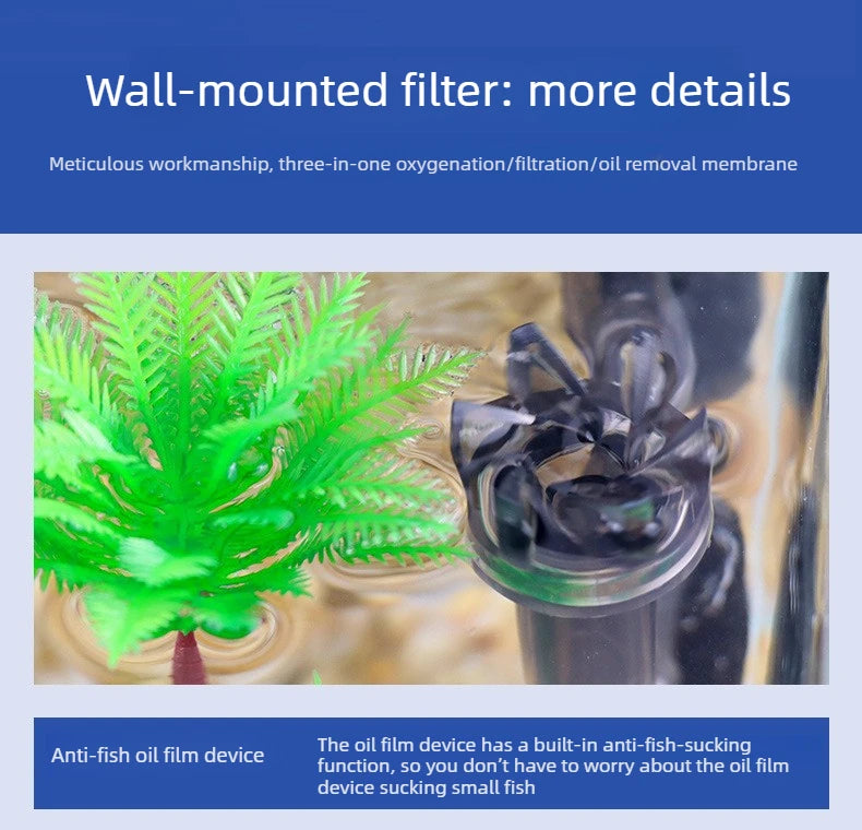 Filtre mural montrant une plante verte et un dispositif à film d'huile noir pour la circulation de l'eau d'aquarium