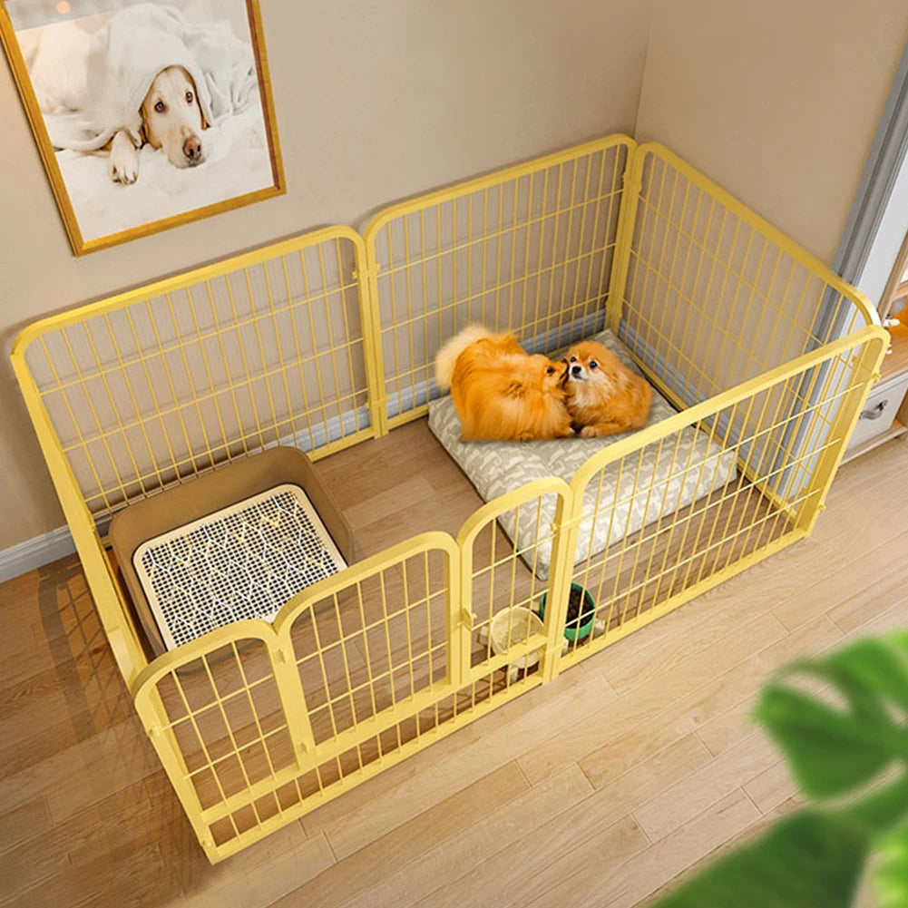 A yellow foldable pet playpen with mesh panels is shown containing two orange dogs.