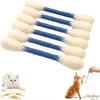 A pack of six blue and white felt cotton swab cat toys with a small kitten nearby.