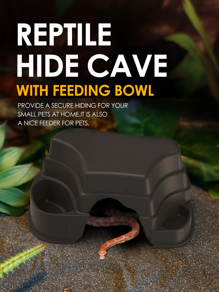 Reptile Hide Cave Decor with 2 Food Bowls