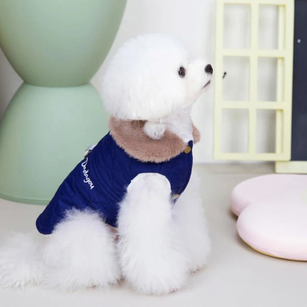 A white dog wearing a navy blue waterproof fleece-lined jacket with a brown fur collar.