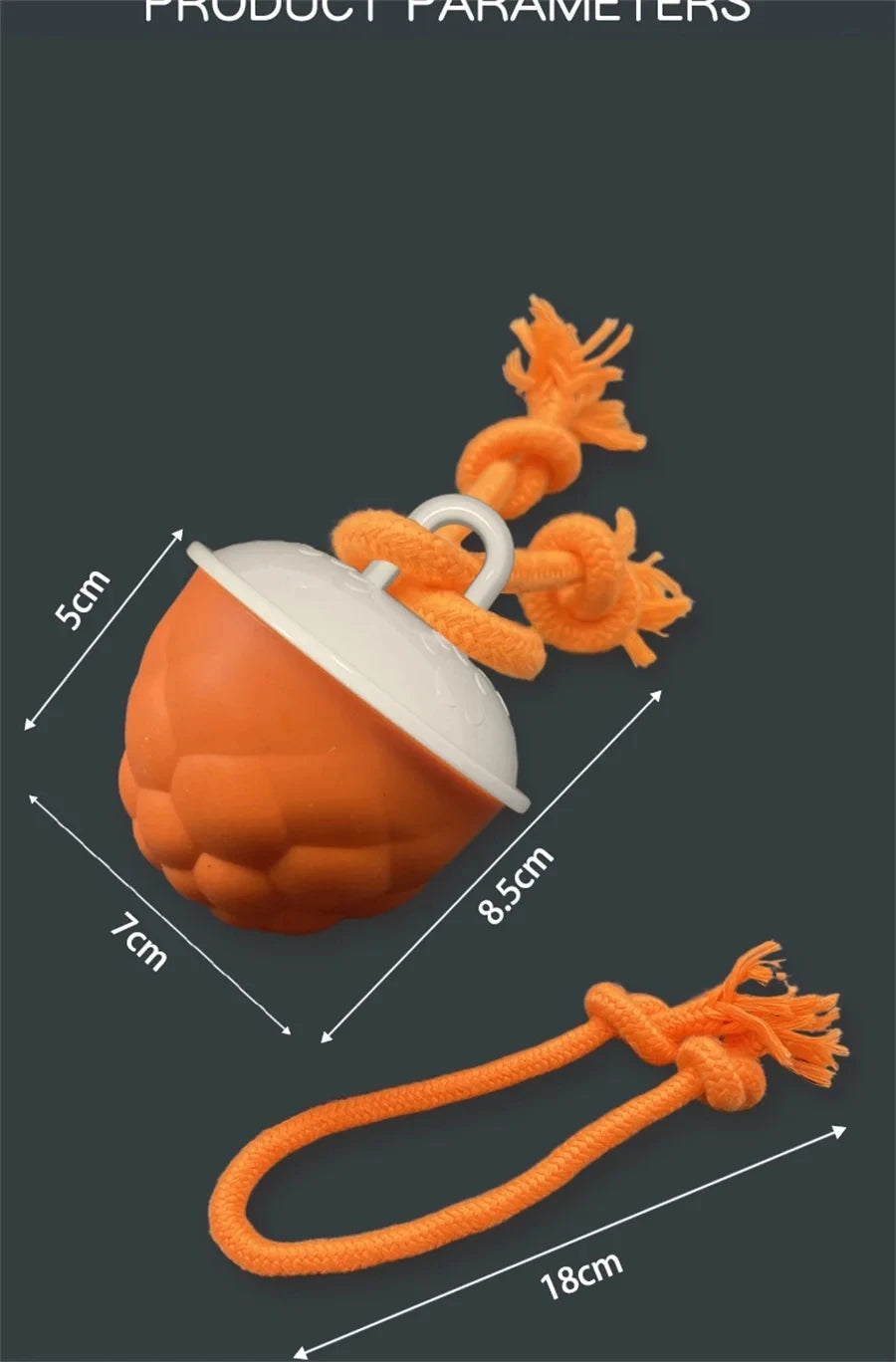 An orange, spherical rolling dog ball with a white top and an orange braided string attached.