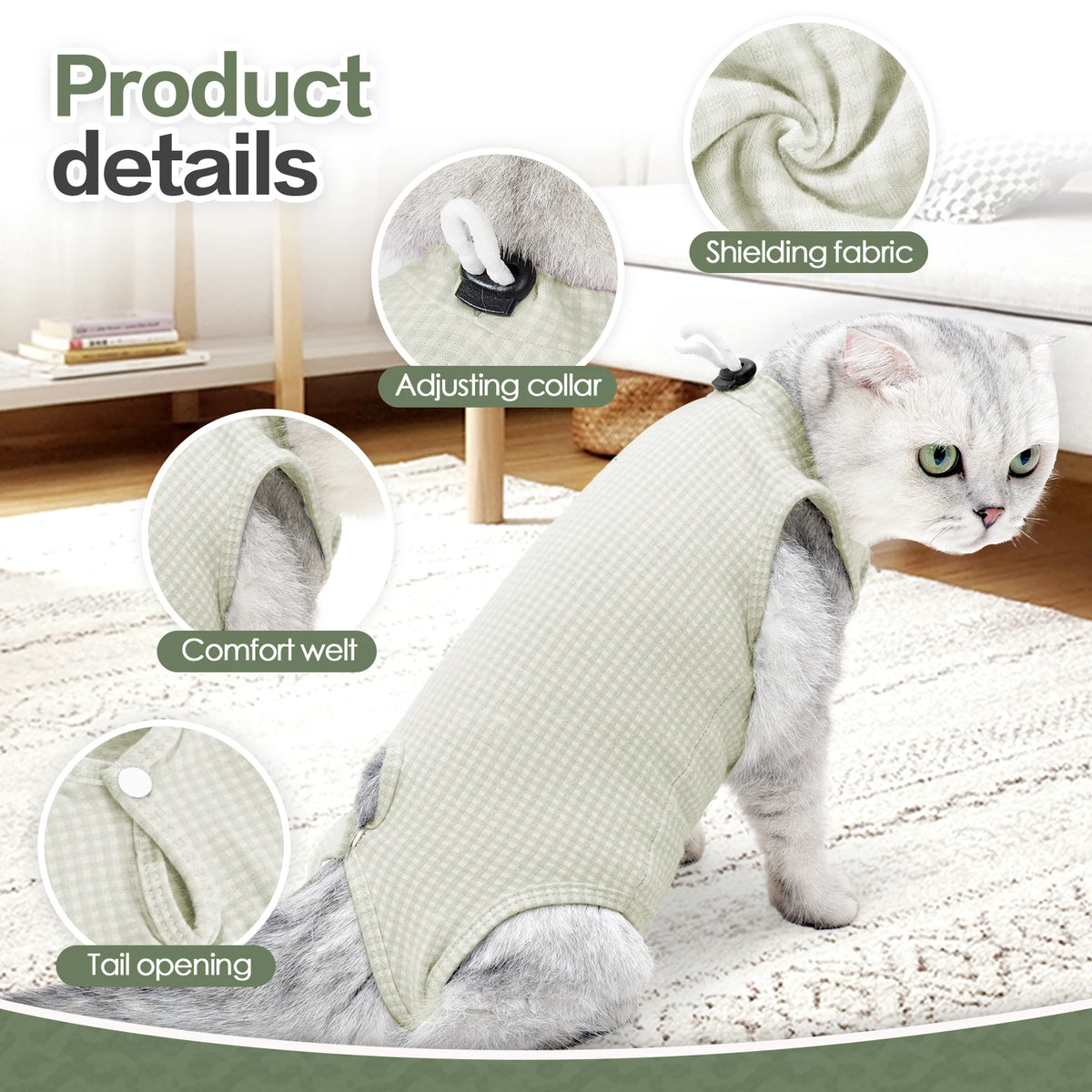 A light green professional cat recovery suit with an adjusting collar and tail opening shown on a cat.