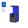 A dark blue PU leather magnetic card deck box with a display window, shown next to two pieces.