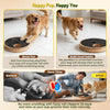 A dog is using a rotating wooden treat puzzle toy for slow feeding and nail care.