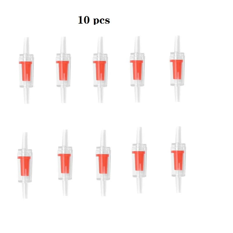 Ten aquarium air pump check valves in clear plastic packaging.