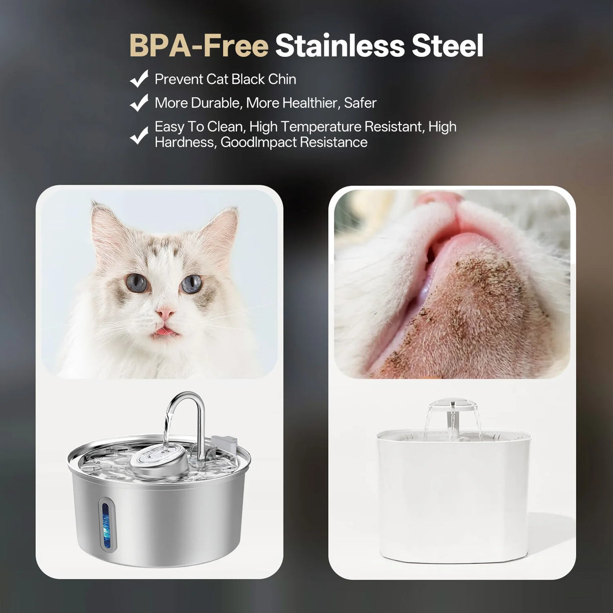 Stainless steel pet water fountain with a visible water level window and a silent pump