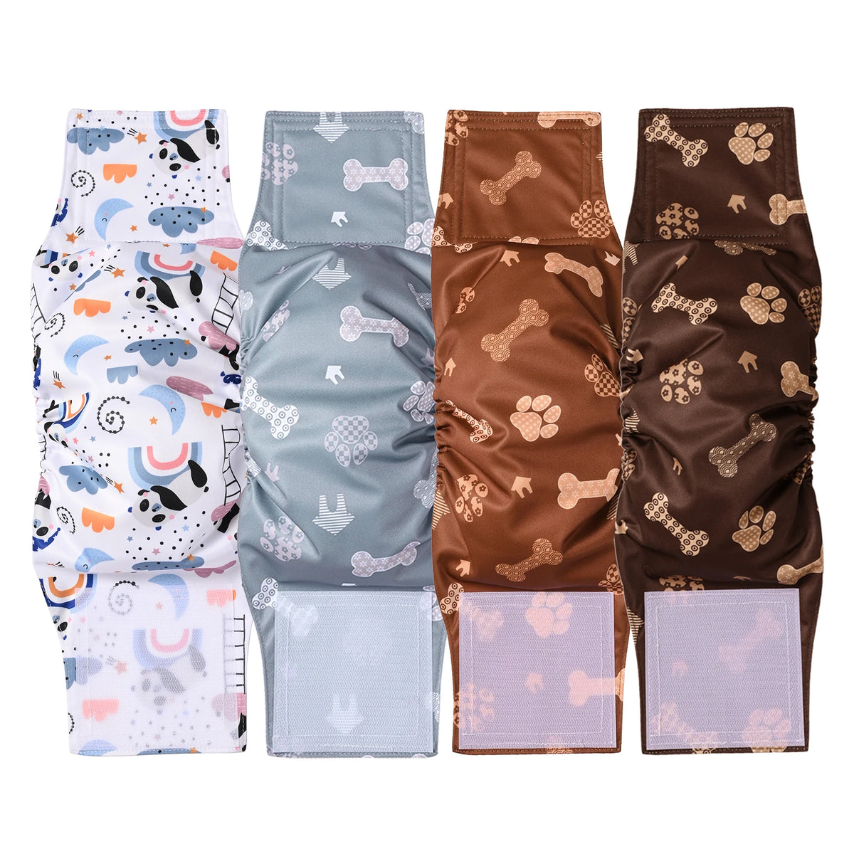 A set of reusable washable dog diaper wraps for male dogs in various patterns and colors.