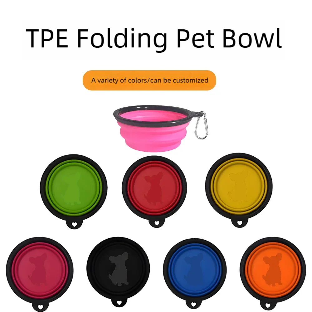 A variety of colored TPE folding pet bowl shown in different colors like pink, green, red, yellow, purple, black, and blue.